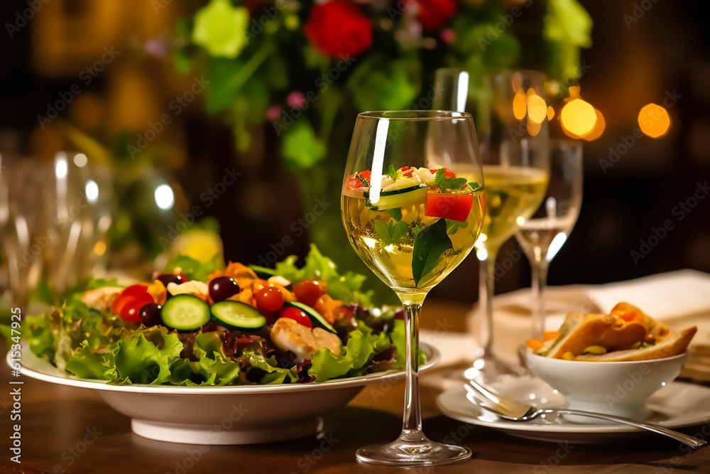 Served for a banquet table. Wine glasses with napkins, glasses and salads,Generative AI