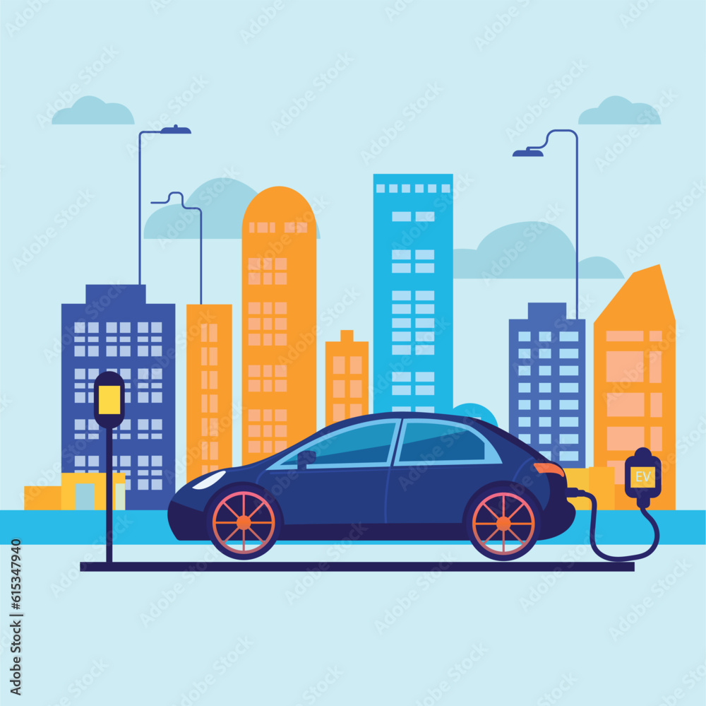 Electric car with parking at the charging station Modern technology and environmental care concept Stock Illustration