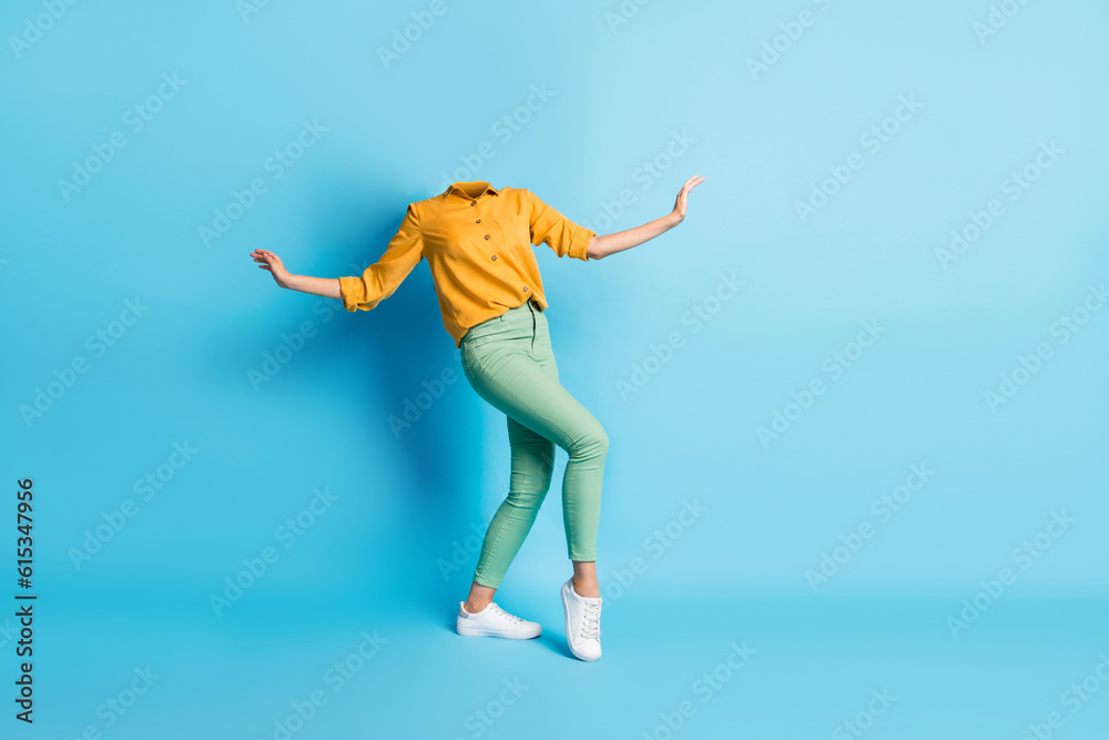Creative abstract composite photo template collage of unusual weird headless woman dancing enjoy music isolated on blue color background - obrazy, fototapety, plakaty 