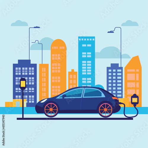 Electric car with parking at the charging station Modern technology and environmental care concept Stock Illustration