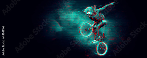 Abstract silhouette of a bmx rider, man is doing a trick, isolated on black background. Cycling sport transport. illustration