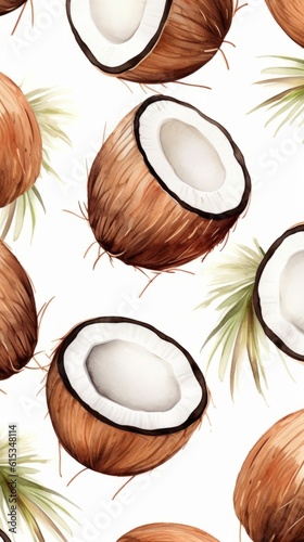 Fresh Organic Coconut Fruit Background, Vertical Watercolor Illustration. Healthy Vegetarian Diet. Ai Generated Soft Colored Watercolor Illustration with Delicious Juicy Coconut Fruit.