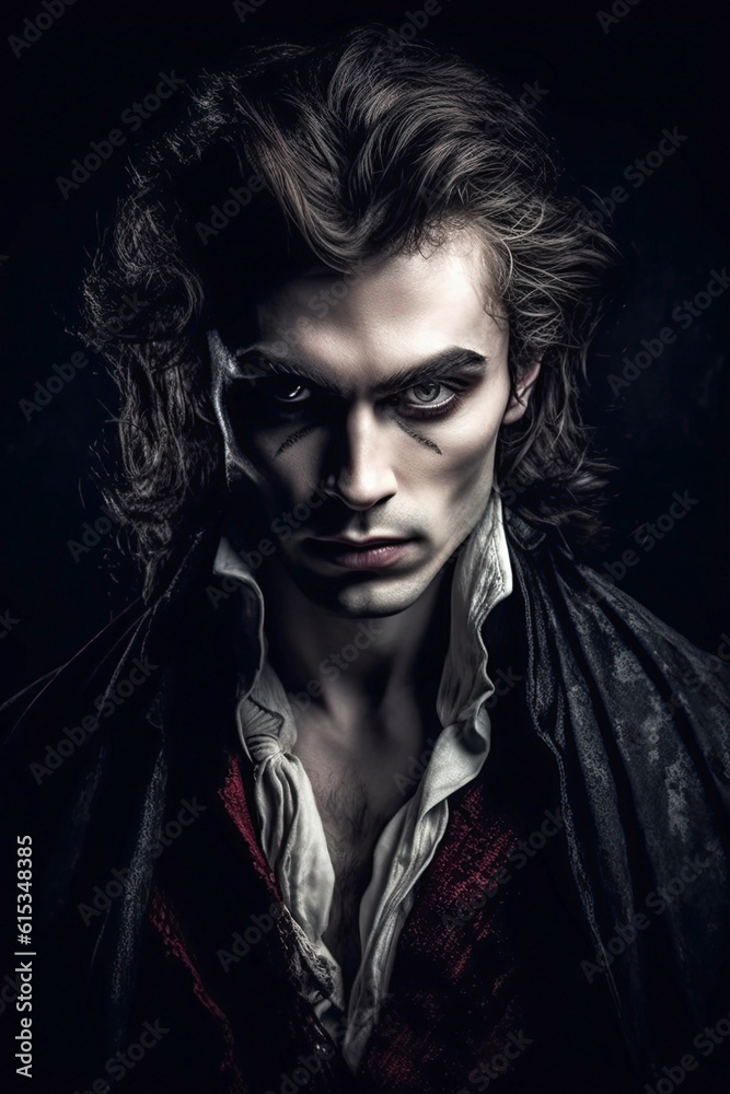 Handsome portrait of a male vampire on black. Vampire novel cover design.Generative AI illustration. Handsome portrait of a male vampire on black. Vampire novel cover design.Generative AI illustration.