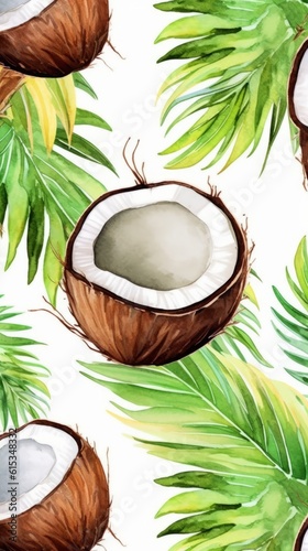 Fresh Organic Coconut Fruit Background, Vertical Watercolor Illustration. Healthy Vegetarian Diet. Ai Generated Soft Colored Watercolor Illustration with Delicious Juicy Coconut Fruit.