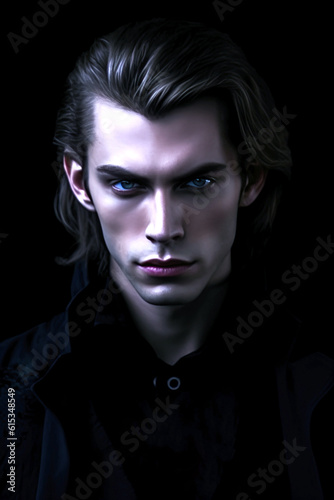 Portrait of an attractive male vampire on black. Vampire novel cover design.Generative AI illustration.