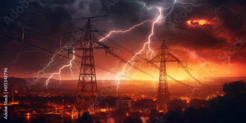 Lightning storm striking power pylons. Generative AI
