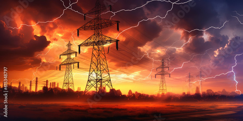 Lightning storm striking power pylons. Generative AI