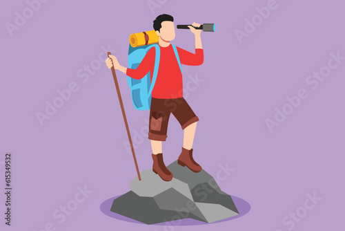 Graphic flat design drawing of active man trekking on mountain. Young male traveling in mountains, standing on top, looking in binoculars. Tourist outdoor logo, icon. Cartoon style vector illustration