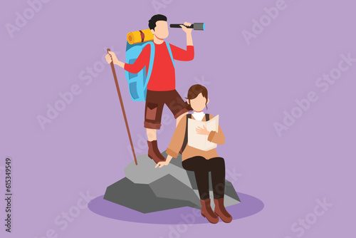 Character flat drawing romantic couple man and woman hikers with backpacks, binocular, and hiking gear reading route map. Looking for direction, trekking location. Cartoon design vector illustration