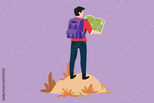 Graphic flat design drawing back view of young man hiker with backpack and map hiking in mountains or forest and exploring nature. Active outdoor travelling symbol. Cartoon style vector illustration