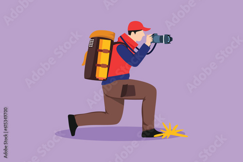 Character flat drawing side view of young man photographer with backpack, standing on one knee, holding photo camera. Tourist photographing in authentic situation. Cartoon design vector illustration