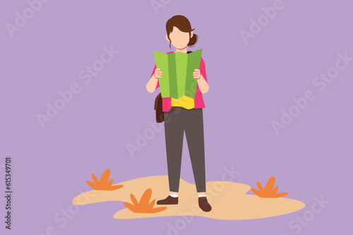 Cartoon flat style drawing beautiful woman hiker with map exploring forest. Female hiker success outdoor recreation and climbing peak. Nature exploration adventure. Graphic design vector illustration