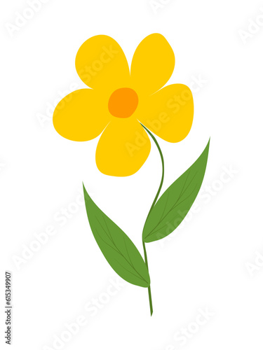 Natural icon yellow abstract flower with orange center and green leaves on a transparent and white background. Close-up isolated element for design decoration. Summer vector doodle illustration.