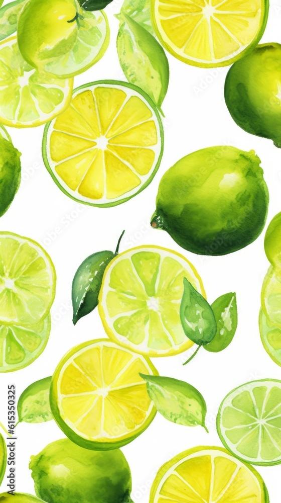 Fresh Organic Lime Fruit Background, Vertical Watercolor Illustration. Healthy Vegetarian Diet. Ai Generated Soft Colored Watercolor Illustration with Delicious Juicy Lime Fruit.