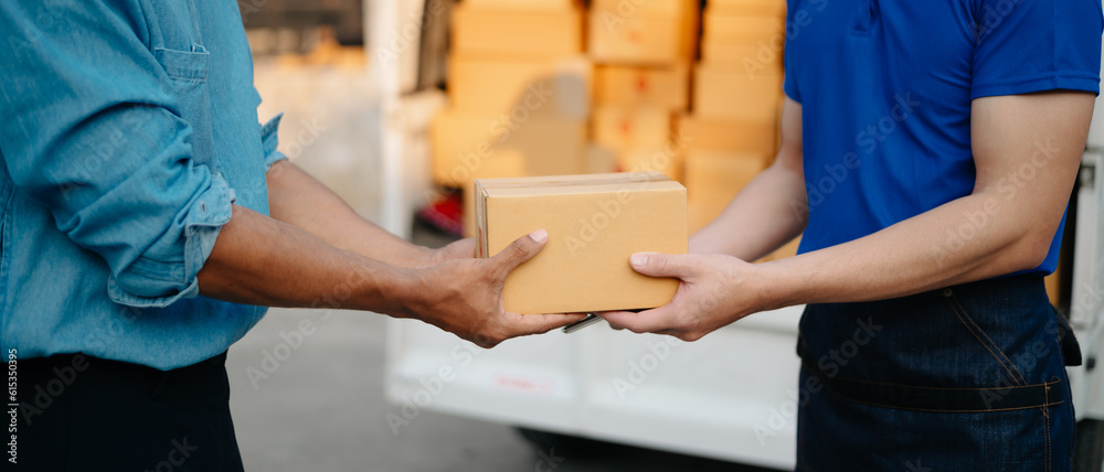 Delivery man by sending box of parcel to customers service at home as having corona virus disease and shipping concept.. Delivery man by sending box of parcel to customers service at home as having corona virus disease and shipping concept..