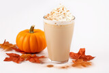 Seasonal pumpkin spice latte in mug on white background