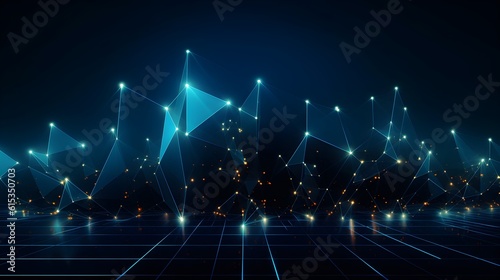 abstract technology background with circuit board and blue lights digital communication line concept graphic, hardware computer tech integrated energy design information internet generative Ai.