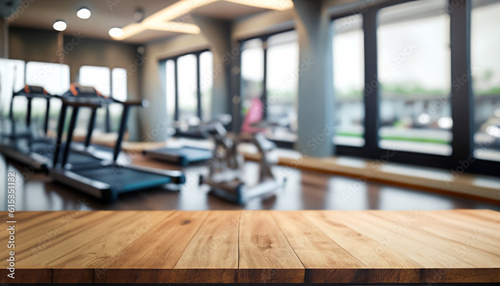 Empty wooden table with blur modern gym interior with sport fitness equipment