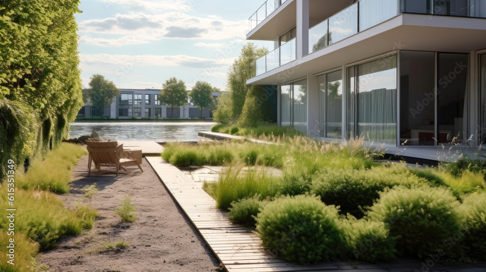 Minimalistic and contemporary, sleek and serene private garden that embodies the principles of Scandinavian design: functionality, simplicity, and connection to nature. Generative AI