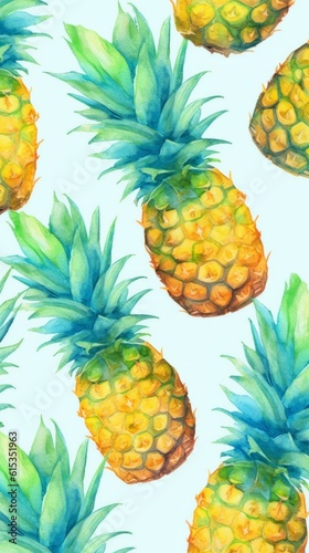 Fresh Organic Pineapple Fruit Background, Vertical Watercolor Illustration. Healthy Vegetarian Diet. Ai Generated Soft Colored Watercolor Illustration with Delicious Juicy Pineapple Fruit.