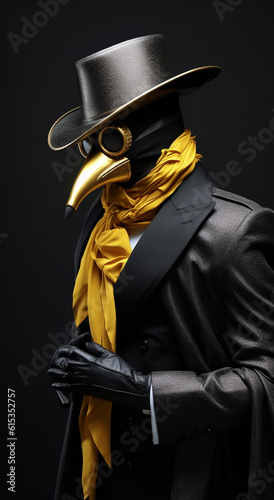 Generative AI Mannequin in a black hat and yellow scarf on a black background