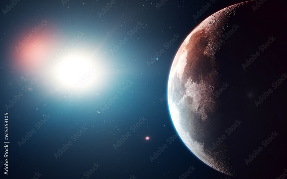 Naklejka premium Moon, surface and sun flare in space, universe and galaxy for science research, astrology and planet exploration. Ai generated, astronomy and solar system or lunar exposure, dark sky and cosmic night