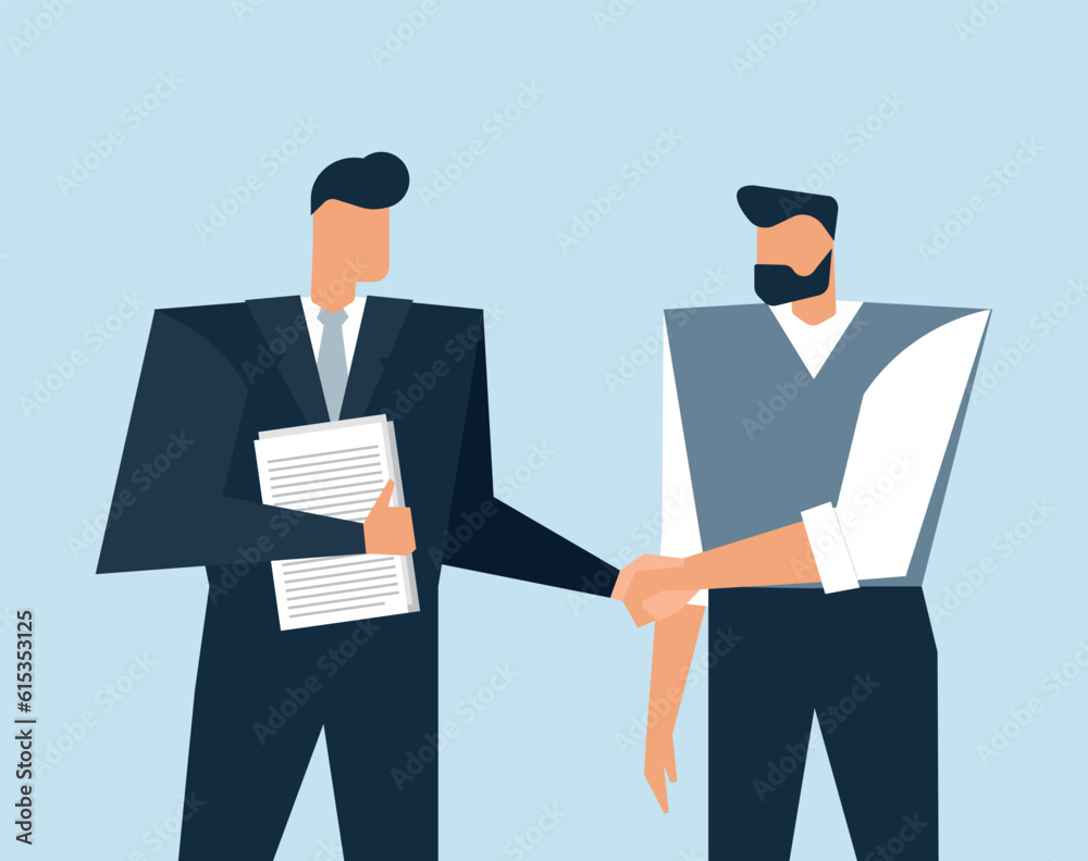 Vector business llustration with flat characters. Concept about communication of lawyer and client who hire expert to help him with bisiness plan and organization of working process. Handshake of men Vector business llustration with flat characters. Concept about communication of lawyer and client who hire expert to help him with bisiness plan and organization of working process. Handshake of men