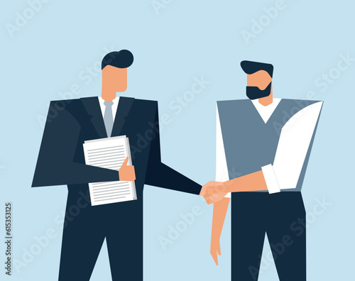 Vector business llustration with flat characters. Concept about communication of lawyer and client who hire expert to help him with bisiness plan and organization of working process. Handshake of men