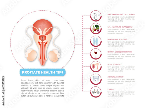 Prostate health tips .7 tips to improve prostate health with their corresponding icons on a white background.