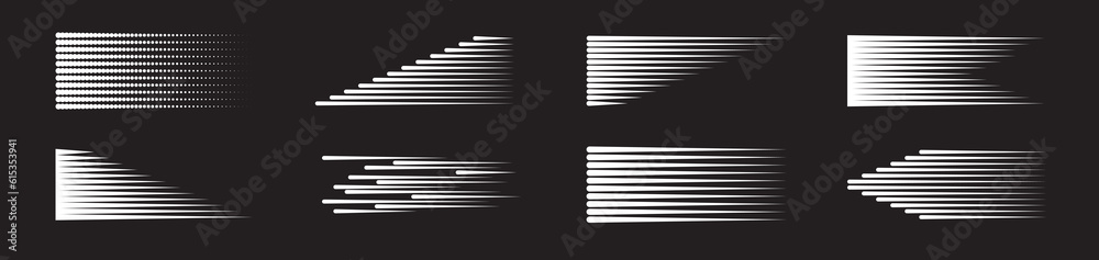 Speed lines set. Motion effect, white lines on black background Speed lines set. Motion effect, white lines on black background