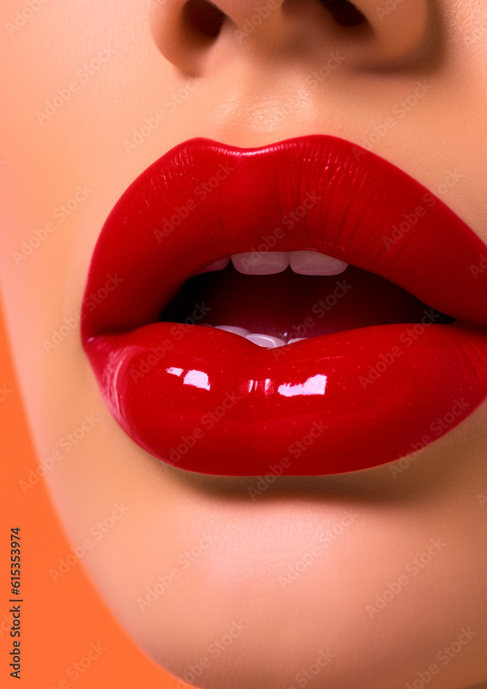 Obraz premium Generative AI Close-up of female lips with bright red lipstick. Beauty, fashion.