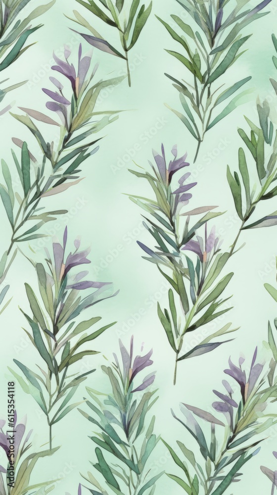 Fototapeta premium Aromatic Rosemary Herbs Background, Vertical Watercolor Illustration. Healthy Vegetarian Diet. Ai Generated Soft Colored Watercolor Illustration with Delicious Aromatic Rosemary Herbs.