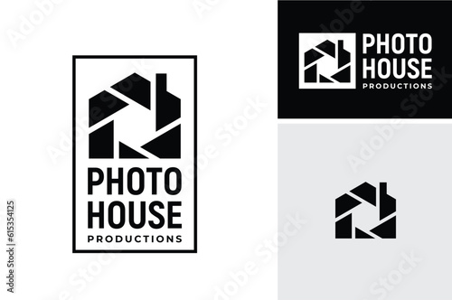 Aperture Shutter Camera Lens with House Chimney for Home Photography or Studio Photo logo design