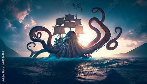 Giant monster Kraken attacks wood ship in sea. Cthulhu octopus with tentacles underwater and wooden vessel with red sails in ocean. Generation AI © Adin
