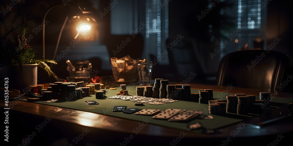 Game Poker background banner, chips on table. Generation AI.