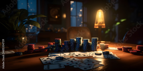 Game Poker background banner, chips on table. Generation AI.