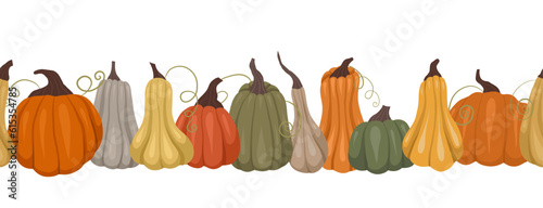 Vector seamless border with pumpkins. Autumn frieze with vegetables isolated from the background. Nature pattern