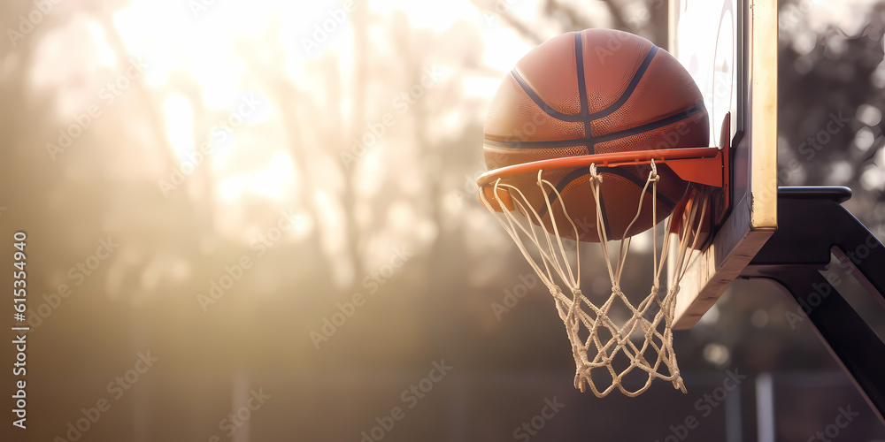 Banner sports tournament Basketball, ball on dark background with red sun light and sparks, copy space. Generation AI