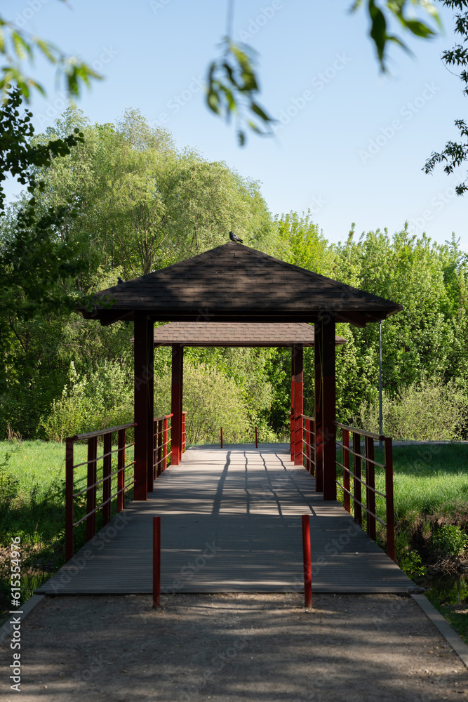 Wooden bridge through river in summer park. Wooden bridge through river in summer park.
