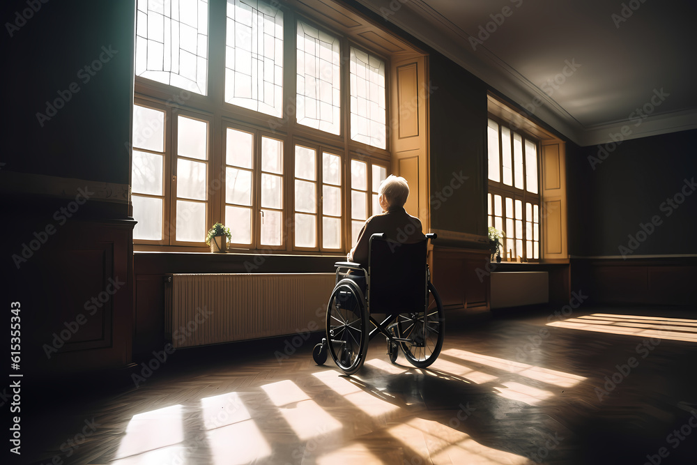 Lonely sad elderly Senior person in wheelchair in nursing home looking out window. Generation AI Lonely sad elderly Senior person in wheelchair in nursing home looking out window. Generation AI