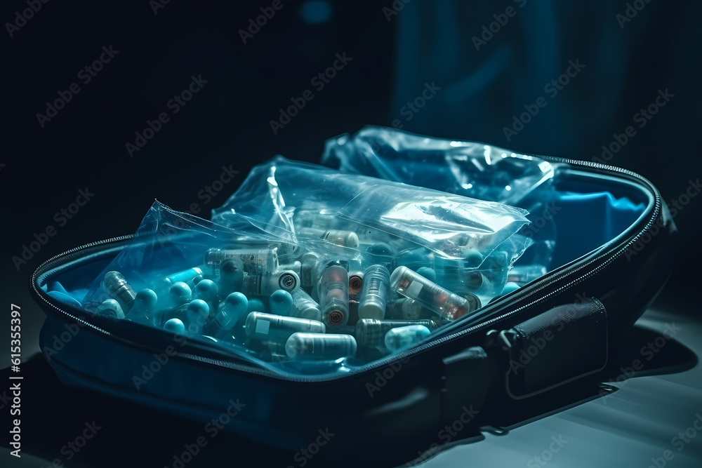 Ilustrace „Security xray scan of bag with smuggling capsules drugs in