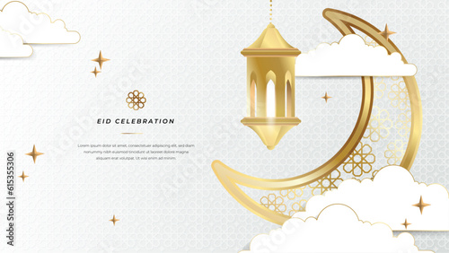 Vector eid al adha mubarak ramadan kareem white background design with crescent moon and mosque premium vector