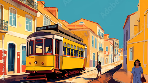 Illustration of a portuguese city with a tram, Portugal