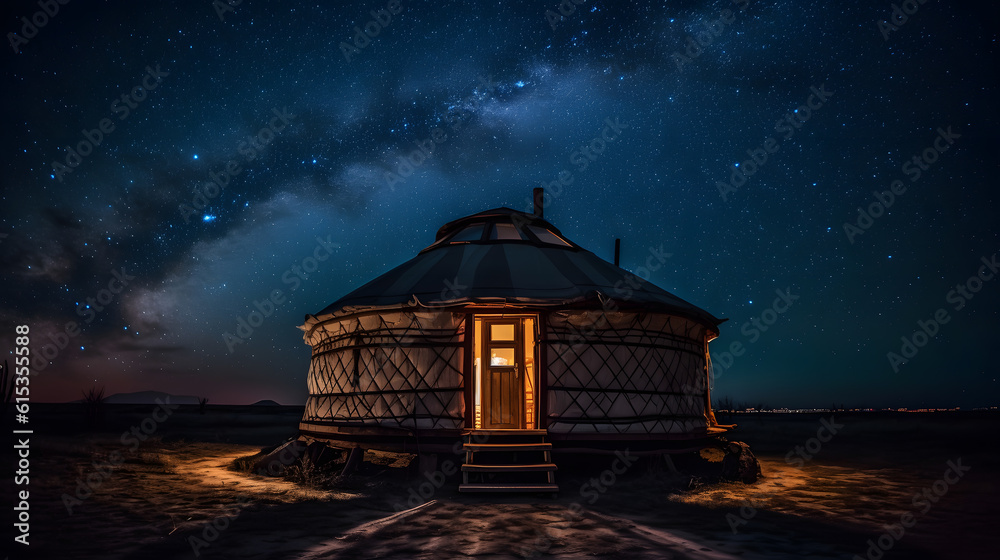 Obraz premium Yurt National old house of peoples of Kyrgyzstan and Asian countries. Ail camp night sky with stars. Generation AI