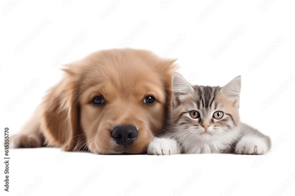 Dog and Cute Kitten Snuggled Together on a Transparent Background. AI