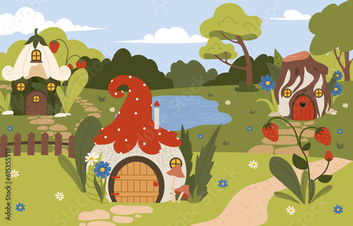 Fairy tale houses landscape concept. Imagination and fantasy, dream. Building in flower, tree and mushroom. Dwarves and elves. Beautiful natural panorama. Cartoon flat vector illustration