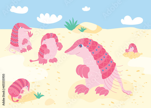Pink Fairy Armadillo. Chlamyphorus truncatus in natural landscape, wildlife cartoon characters, vector illustration. Unique Animals. 