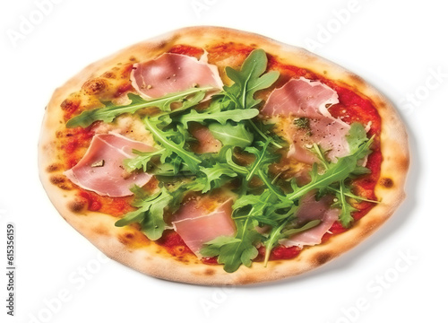 Pizza with ham and rocket salad