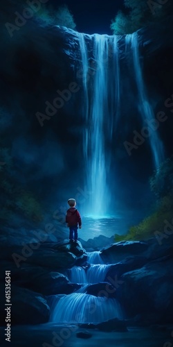 A boy is alone near the water fall. book cover alone boy 