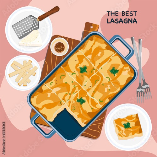 Traditional Italian lasagna in a casserole dish on a wooden chopping board. Plate and fork colorful background, top view.